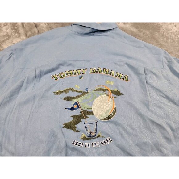 Tommy‎ Bahama Mens Silk Golf Shirt Medium Blue Shot In The Dark Embroidered Golf - Picture 1 of 6